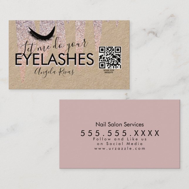 QR CODE Nails Salon Pink Glitter Dripping Rustic Business Card (Front/Back)