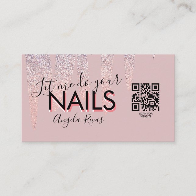 QR CODE Nails Salon Quote Blush Pink Glitter Drip Business Card (Front)