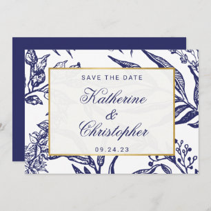 QR Code Navy Blue Botanical Photo Save the Date