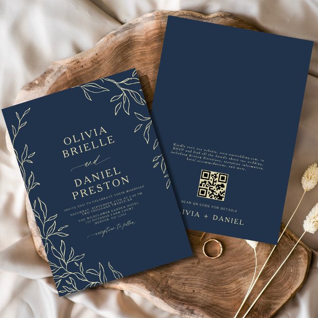 QR Code Navy Blue & Gold Minimal Leaf Wedding Invitation (Creator Uploaded)