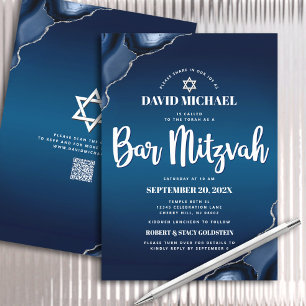 QR Code Navy Blue Ombre Agate Script Bar Mitzvah Invitation