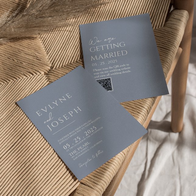 QR Code Neutral Dusty Blue Boho Modern Wedding Invitation (Creator Uploaded)
