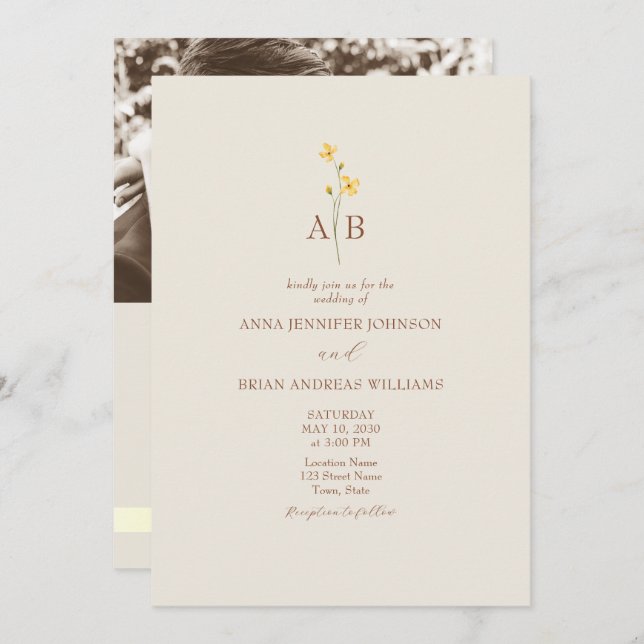 QR Code Neutral Wildflower Photo Wedding Invitation (Front/Back)