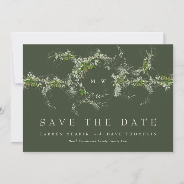 QR Code NO PHOTO Eucalyptus Monogram Green Save The Date (Front)
