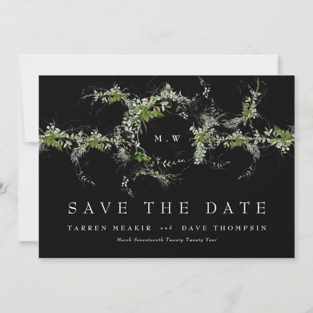 QR Code NO PHOTO Eucalyptus Monogram Premium Black Save The Date (Front)