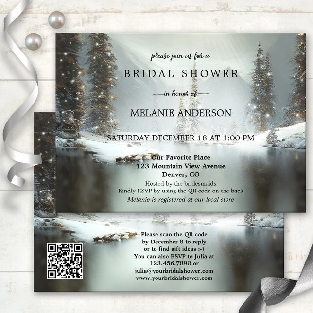 QR Code Noël Invitation à la douche nuptiale d'hiv (Winter bridal shower invitation featuring a snow covered mountain landscape with sparkling lights )