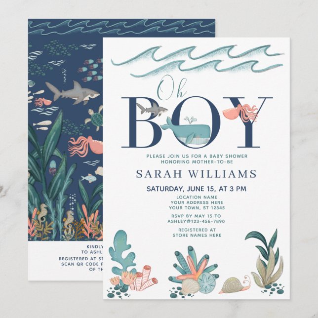 QR Code Oh Boy Under the Sea Blue Baby Shower Invitation (Front/Back)