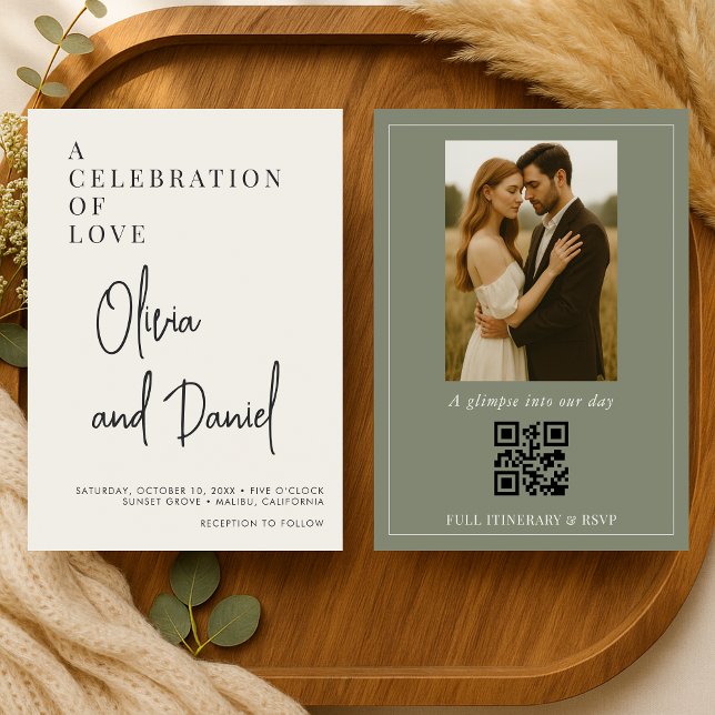 QR Code Olive Green Script Photo Wedding Invitation (Creator Uploaded)