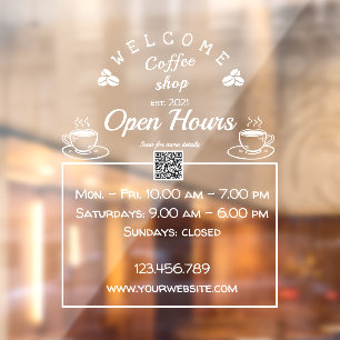 QR code open hours coffee shop sign- window clings