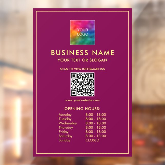 QR Code Opening Hours Upload Your Logo Here Window Cling (Sheet 2)