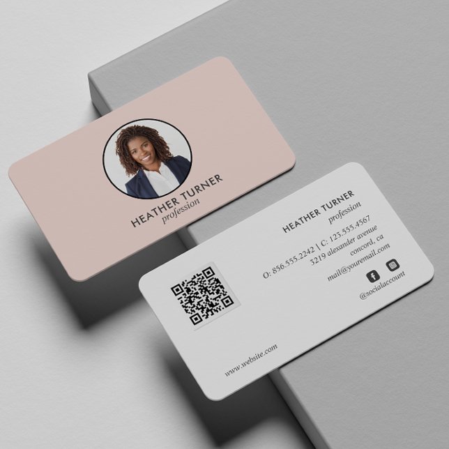 QR CODE or Logo Professional Headshot Photo Pink Business Card (Modern professional business card with space for photo and full contact. On the back logo or QRCODE)