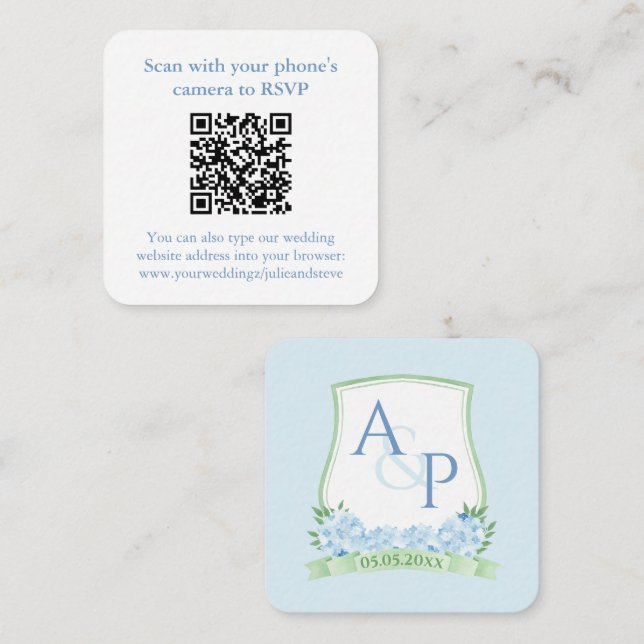 QR Code Pale Blue Sap Green Monogram Wedding RSVP Enclosure Card (Front/Back)