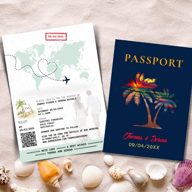 QR Code Palm Tree Passport Wedding World Map  Invitation (Creator Uploaded)
