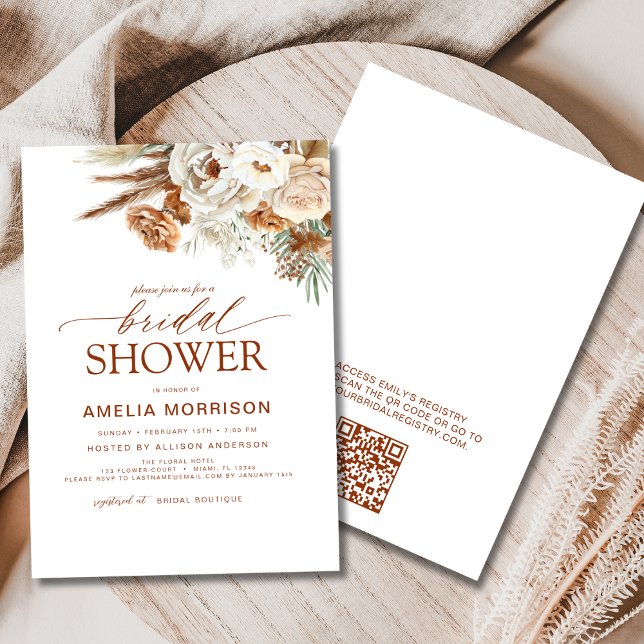 QR Code Pampas Grass Terracotta Bridal Shower Invitation (Creator Uploaded)