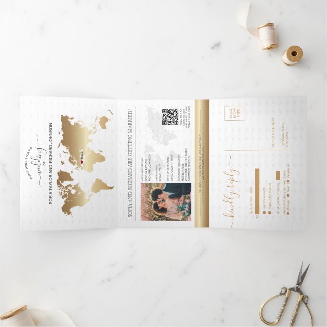 QR Code Passport Destination Wedding Gold Navy  Tri-Fold Holiday Card (Inside)