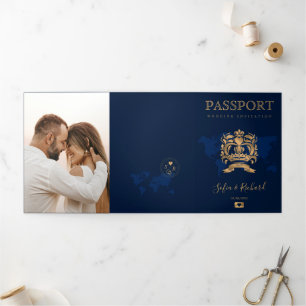 QR Code Passport Destination Wedding Gold Navy  Tri-Fold Holiday Card