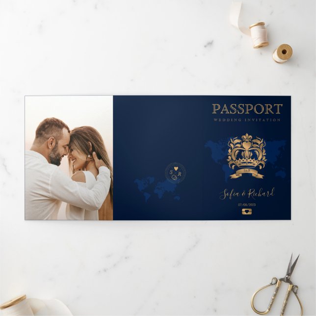 QR Code Passport Destination Wedding Gold Navy  Tri-Fold Holiday Card (Outside)