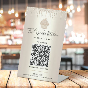 QR Code Pay Here Gold Cupcake Glitter Drips Bakery Pedestal Sign