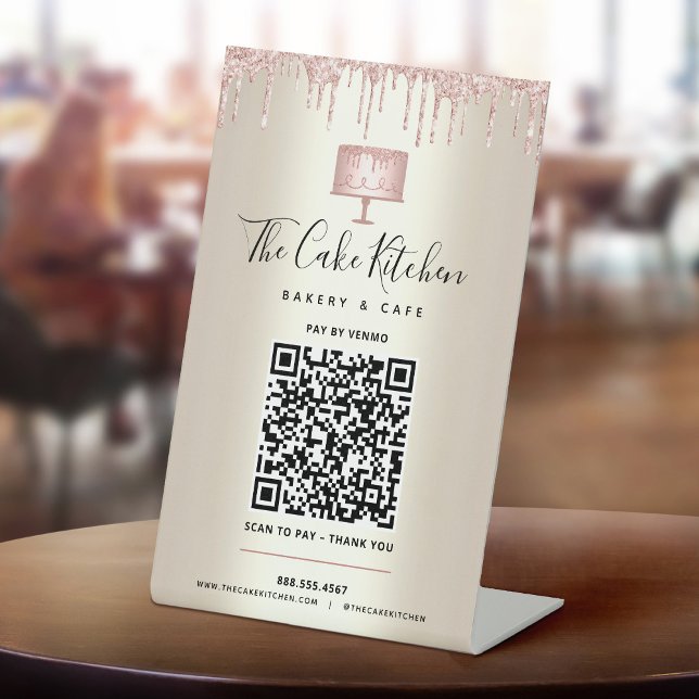 QR Code Pay Here Pink Cake Bakery Glitter Gold Pedestal Sign (Creator Uploaded)