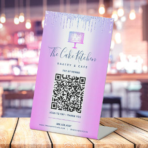 QR Code Pay Here Purple Cake Bakery Glitter Drips Pedestal Sign