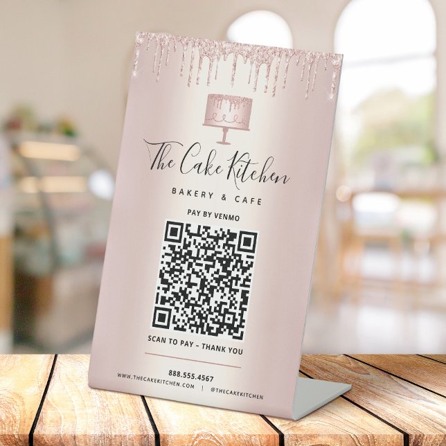 QR Code Pay Here Rose Gold Cake Bakery Glitter Pedestal Sign (Creator Uploaded)