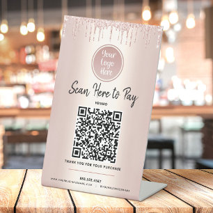 QR Code Pay Here Rose Gold Glitter Custom Logo Pedestal Sign