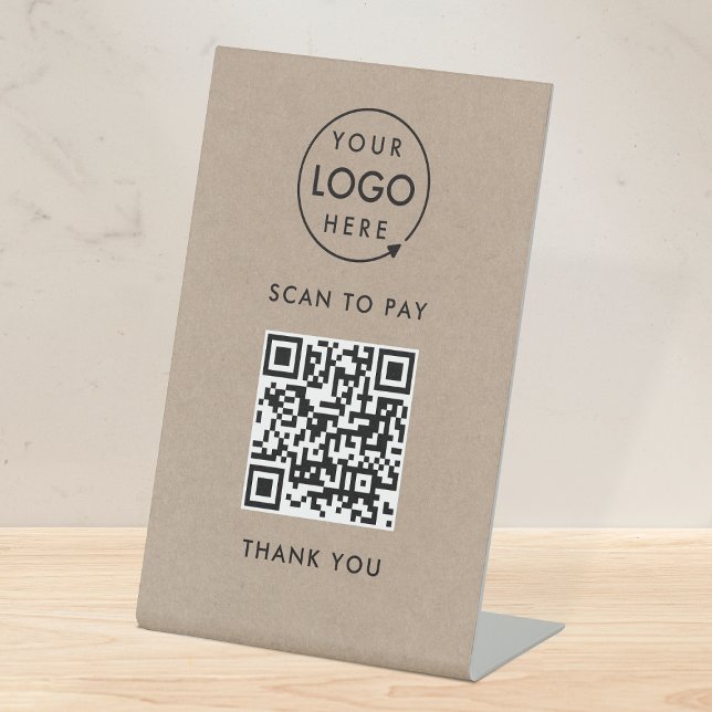 QR Code Payment | Rustic Kraft Logo Scan to Pay Pedestal Sign (Interactive "scan to pay” QR code cash wrap table signs for electronic payment transactions.)