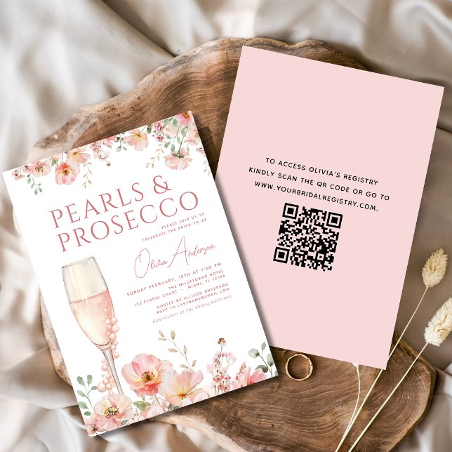 QR Code Pearls & Prosecco Blush Bridal Shower  Invitation (Creator Uploaded)
