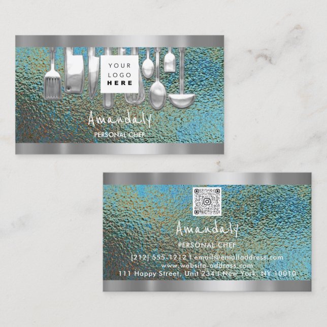 QR Code Personal Chef Cooking Restaurant Grunge Business Card (Front/Back)