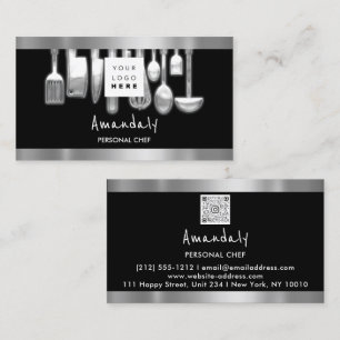 QR Code Personal Chef Cooking Restaurant Silver Business Card