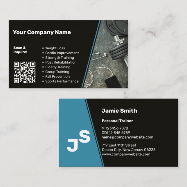 QR Code Personal Trainer Black & Blue Business Card (Front/Back)