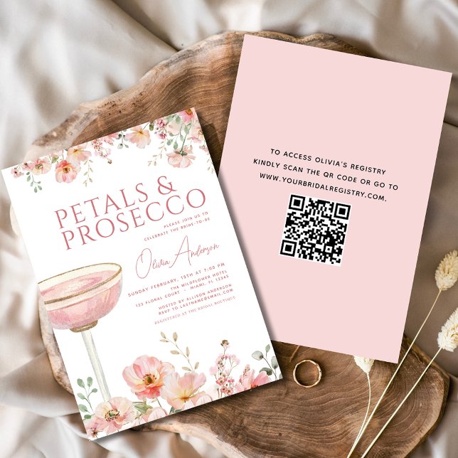 QR Code Petals & Prosecco Blush Bridal Shower  Invitation (Creator Uploaded)