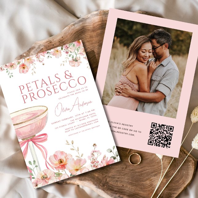 QR Code Petals & Prosecco Photo Bridal Shower  Invitation (Creator Uploaded)