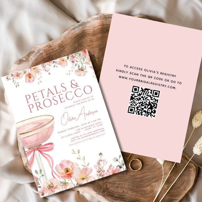 QR Code Petals & Prosecco Pink Bow Bridal Shower  Invitation (Creator Uploaded)