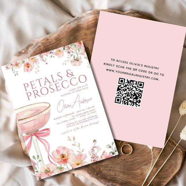 QR Code Petals & Prosecco Pink Bow Bridal Shower  Invitation (Creator Uploaded)