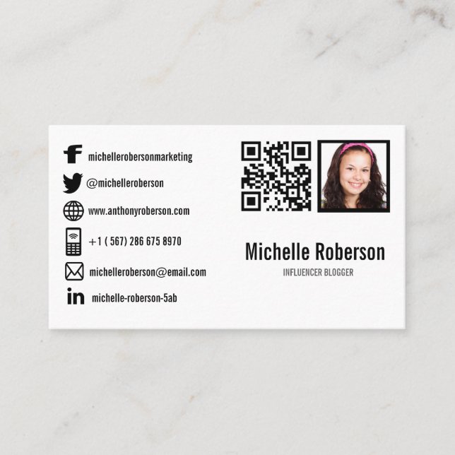 QR code photo and social media icons Business Card (Front)