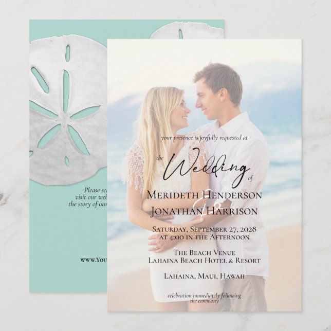  QR Code Photo Beach Sea Glass Sand Dollar Elegant Invitation (Front/Back)