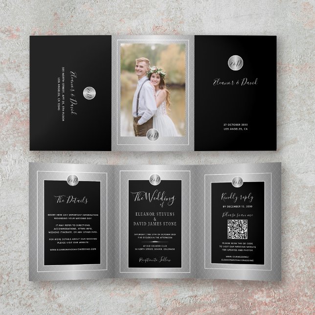QR CODE photo black silver all in one wedding Tri-Fold Announcement (Creator Uploaded)