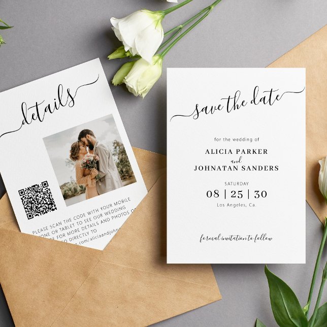 QR code photo elegant black white simple wedding Save The Date (Creator Uploaded)