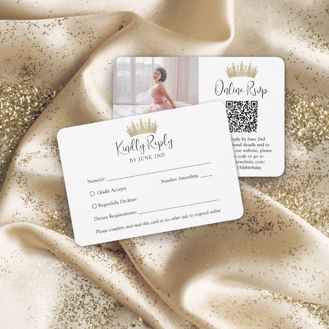 QR Code & Photo Elegant Quinceañera Gold Crown RSVP Card (Creator Uploaded)