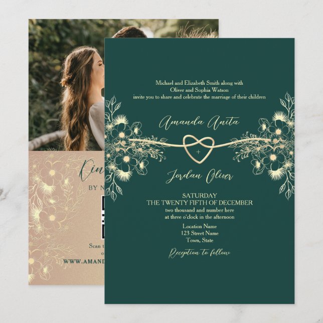 QR Code Photo Emerald Green Gold Wedding Invitation (Front/Back)