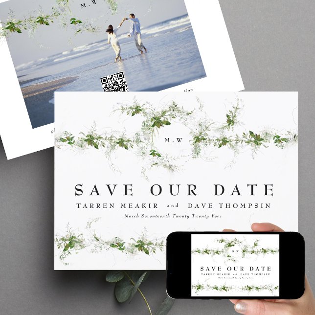 QR Code | Photo Eucalyptus Wreath Monogram Wedding Save The Date (Creator Uploaded)