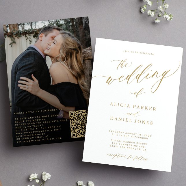 QR code photo modern elegant gold wedding Invitation (Creator Uploaded)