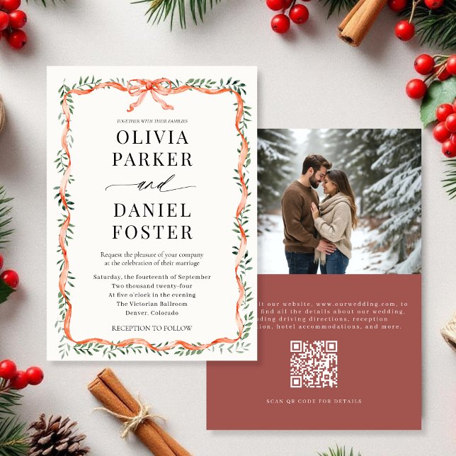QR Code Photo Red Ribbon & Bow Winter Wedding Invitation (Creator Uploaded)