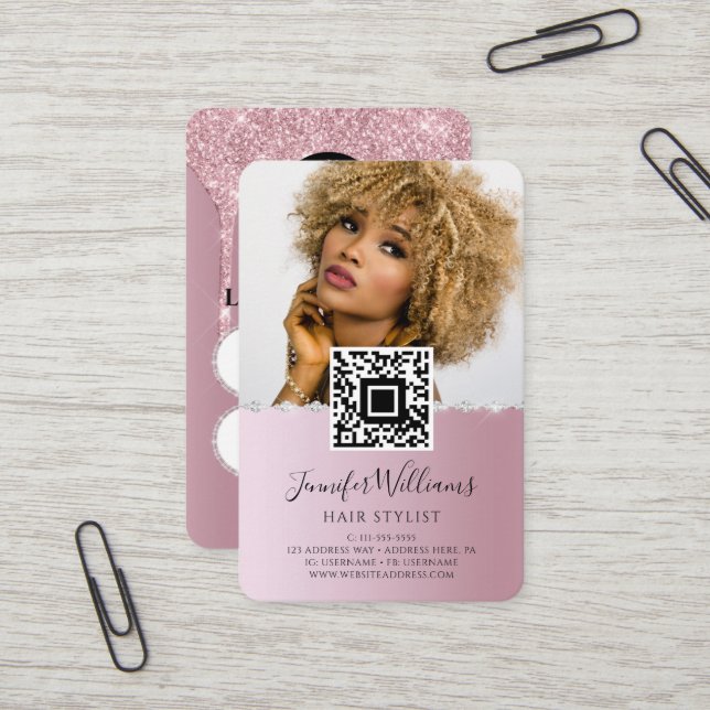 QR Code Photo | Rose Gold Loyalty Template Diamond Business Card (Front/Back In Situ)