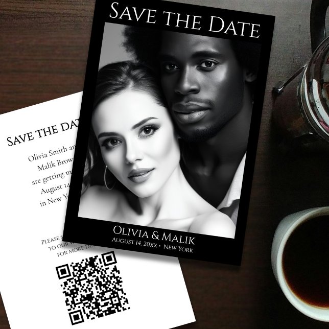 QR code Photo Save the Date (Modern Black & White Photo QR Code Save the Date - front and back)