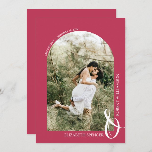 QR Code Photo Wedding Magenta Save The Date (Front/Back)