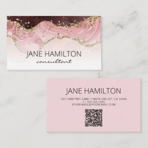 QR Code Pink Agate Marble Profile Business Card