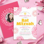 QR Code Pink Bat Mitzvah Photo Starburst Bold Pop Invitation<br><div class="desc">Be proud, rejoice and showcase this milestone of your favourite Bat Mitzvah with this fun, trendy, groovy, personalized QR code invitation! Retro pop hot pink and coral flower starbursts with Stars of David, along with bold modern yellow, hot pink and dark grey sans serif typography, overlay a clean white background....</div>