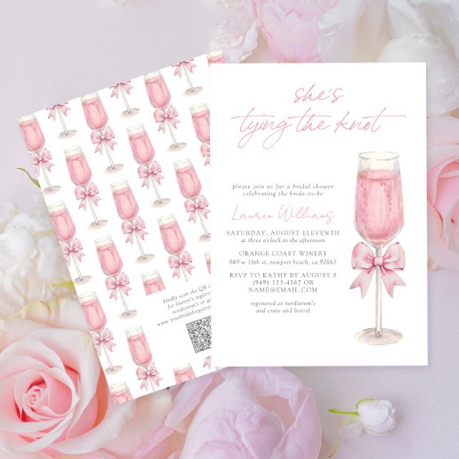 QR Code Pink Bow Shes Tying the Knot Bridal Shower Invitation (Creator Uploaded)